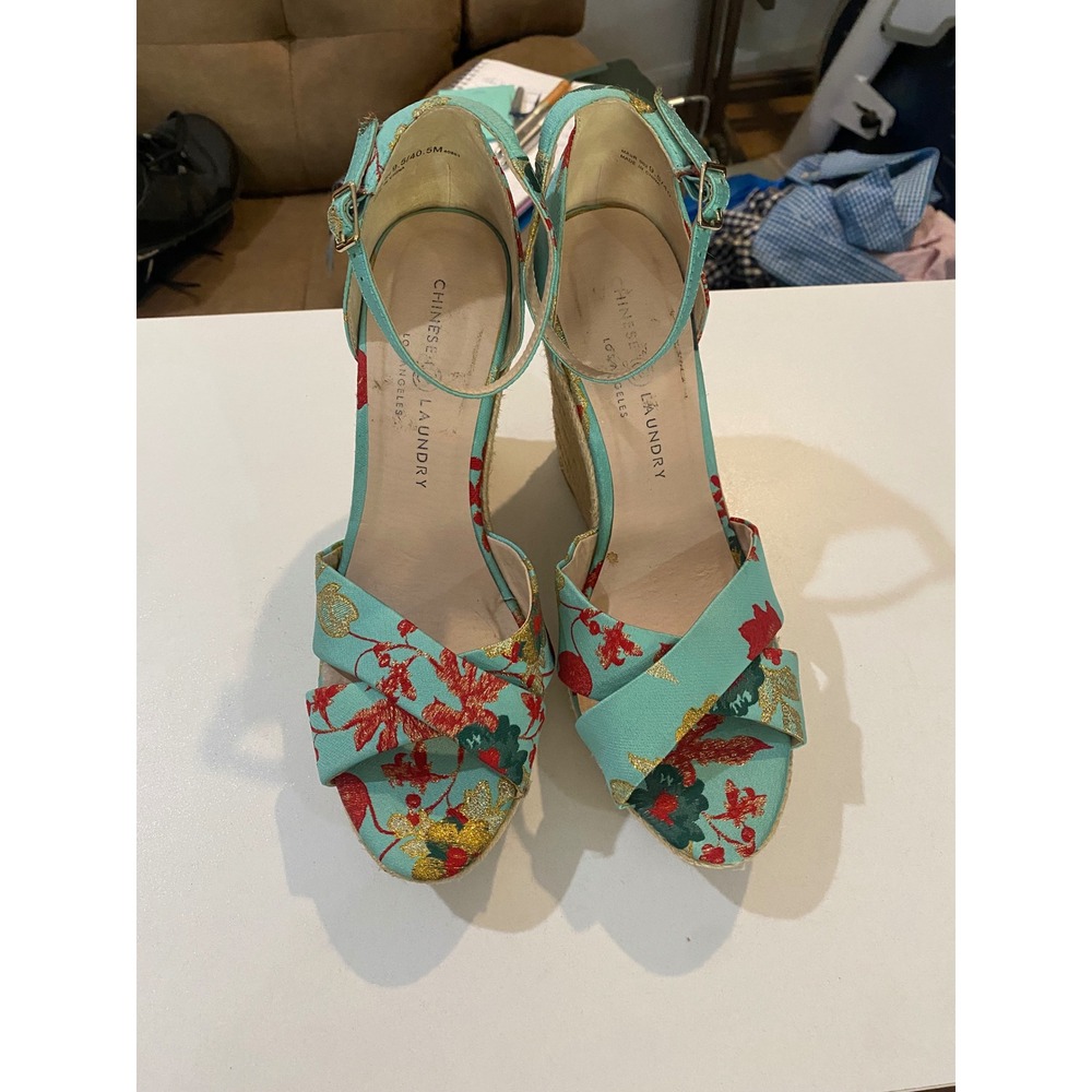 Chinese Laundry Aqua Blue Floral Brocade Espadrille Wedge Sandals Womens 9.5M